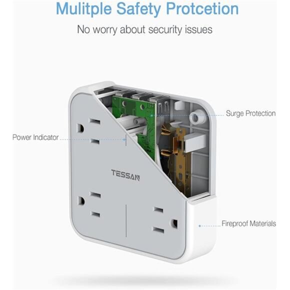 Multi Plug Outlet Extender with USB, TESSAN Surge Protector Splitter 3 USB Wall - Picture 5 of 7